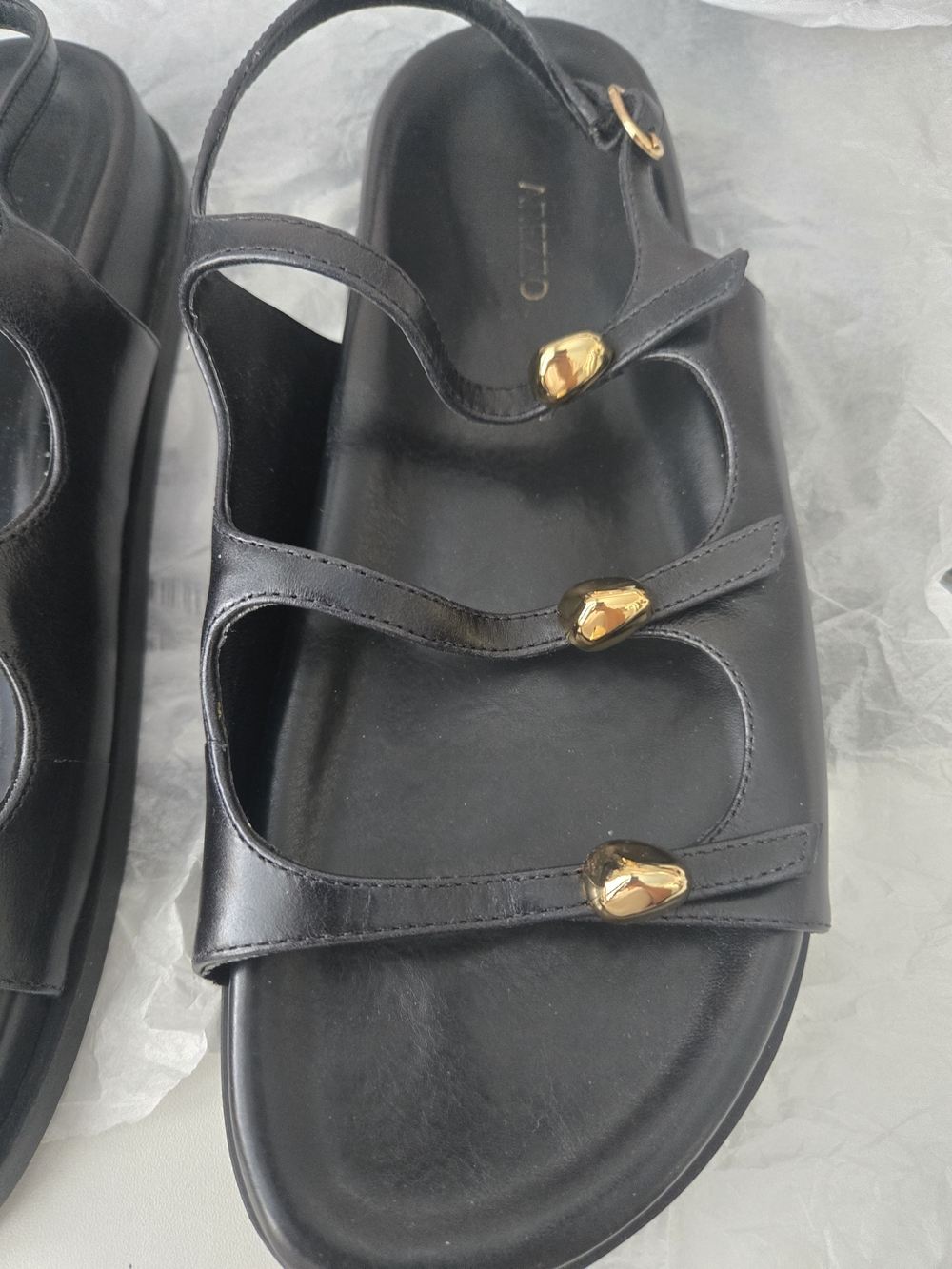 Arezzo Black Leather Triple-Strap Sandals with Gold Accents - Picture 3 of 6